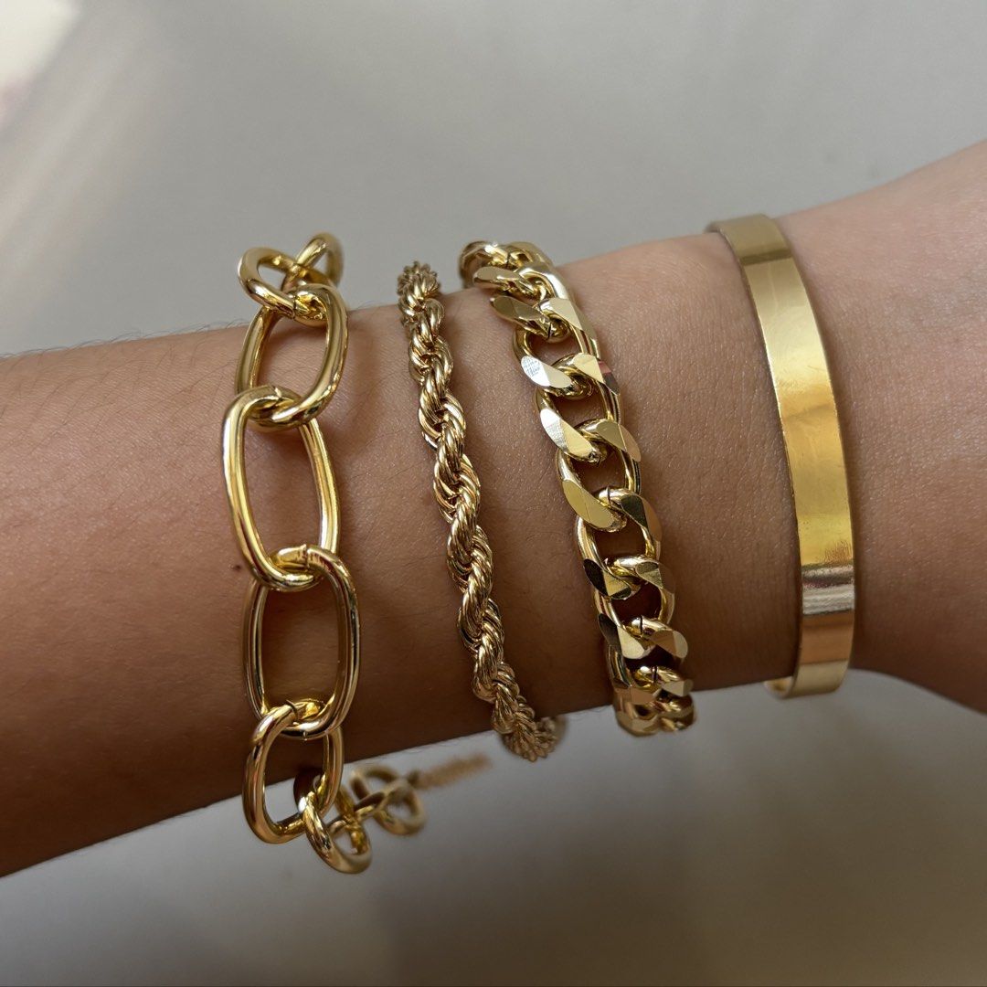 vintage gold set (Category: Bracelets) located in Manila. Submitted by lavieelle (Listing ID 1462498292, Image 1). Description: - non tarnish gold set - 4pcs braided vintage style boho bracelets - brand new, no flaws - bought in shein (authentic) - rfs: impulsive buy, decluttering.
