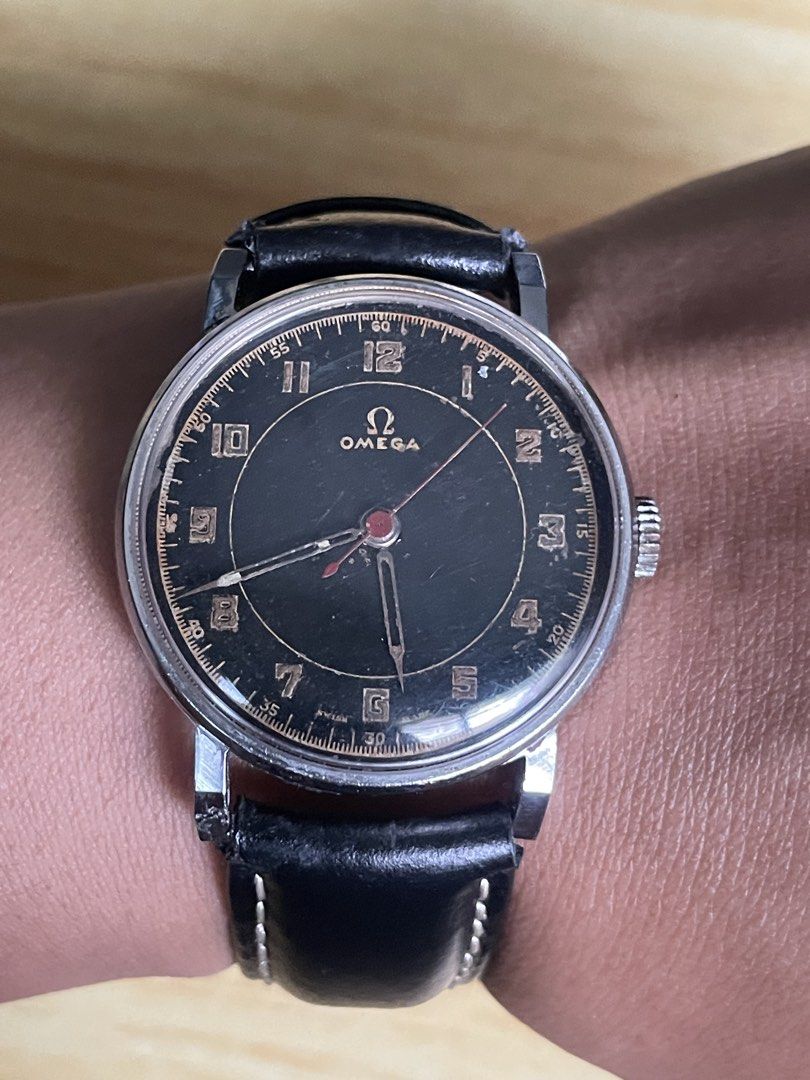 Vintage Omega 1939 (Category: Men's Watches) located in Taguig. Submitted by tester1x (Listing ID 1462481535, Image 1). Description: Vintage Omega 1939 Swiss Made Manual Winding Black Gilt Dial Stainless Steel Case SS Back Case 32.5mm Replacement Strap, Buckle .