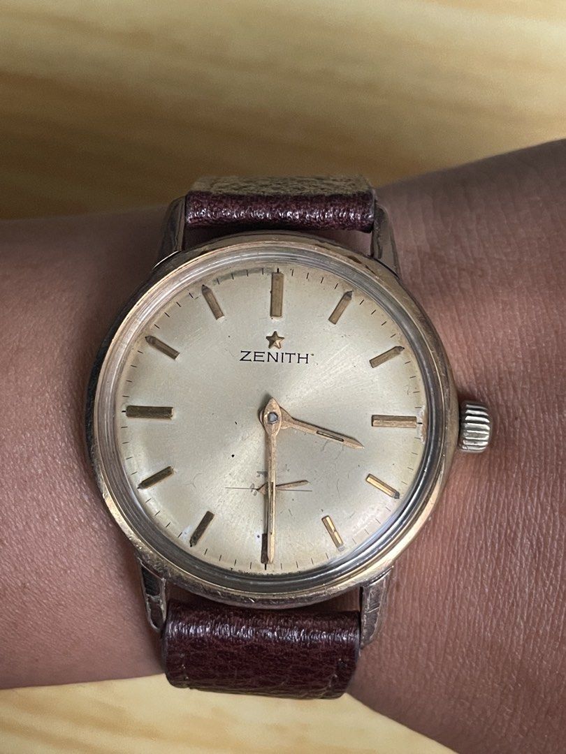 Vintage Zenith Stellina (Category: Men's Watches) located in Taguig. Submitted by tester1x (Listing ID 1462480257, Image 1). Description: Vintage Zenith Stellina 1950’s Swiss Made 587A990 Manual Winding Small Second Sub Gold Color Dial Gold Plated Front Case Stainless Steel Back Case 34mm Replacement Strap, Buckle.