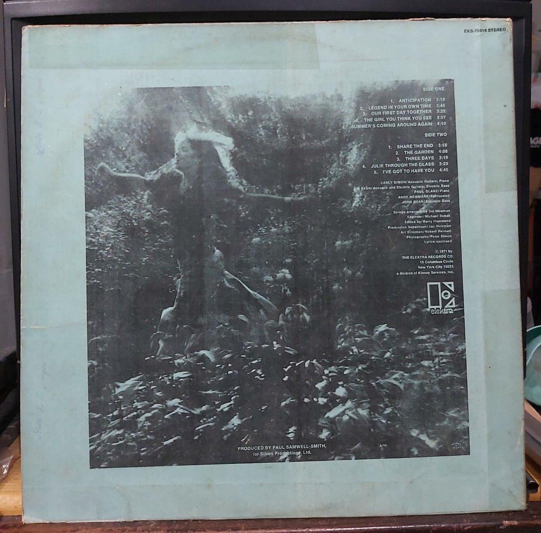 vinyl Carly Simon - Anticipation (open) (Category: Vinyls) located in Antipolo. Submitted by rlt1870 (Listing ID 1462527485, Image 2). Description: record has light scratches. album cover has scotch tape on 2 sides to keep it close. issue is a slight skip on side 2 track 2 The Garden...but will move on. other titles are fine no skip. overall the album cover and record is in good condition. local made vinyl. - Release Year: 1971 - Iconic Tracks: '