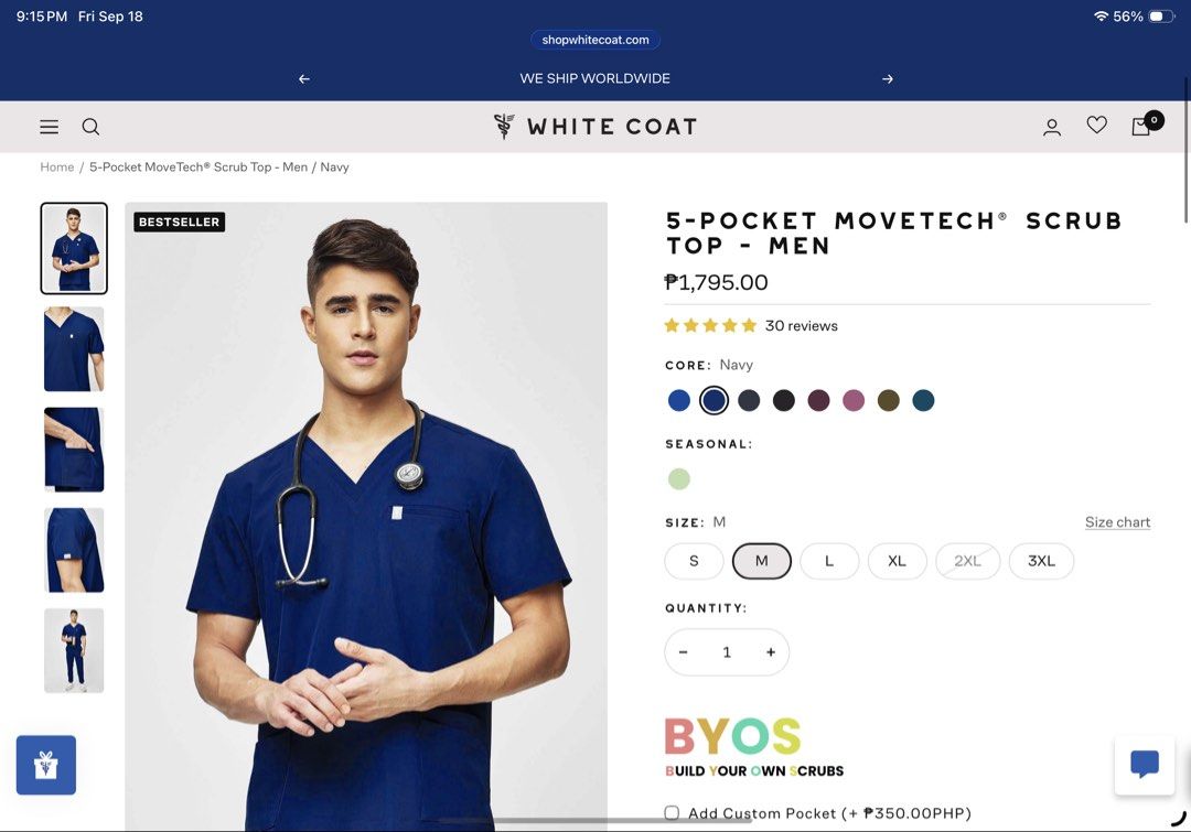 White Coat 5-Pocket Movetech Scrub Top - Navy - Men's M (Category: Activewear) located in Quezon City. Submitted by osgood_schlatter (Listing ID 1462608452, Image 1). Description: - Brand new White Coat Men's Scrub Top - Color: Navy Blue - Style: Movetech 5-Pocket - Size: Medium - Condition: Brand new, in original packaging - Will buy otg instead .