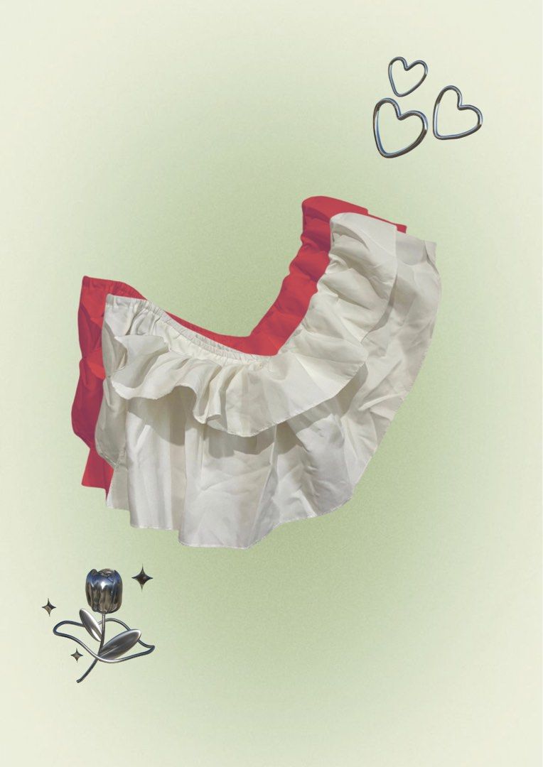 White Ruffle One Shoulder Top with Red Skirt (Category: Sleeveless) located in Leyte. Submitted by declutterstudios (Listing ID 1462502755, Image 1). Description: - White one-shoulder top with ruffle detail - Red skirt with ruffled hem - Versatile styling: pair with jeans or a skirt - Ideal for casual days or parties - Fun and stylish outfit.