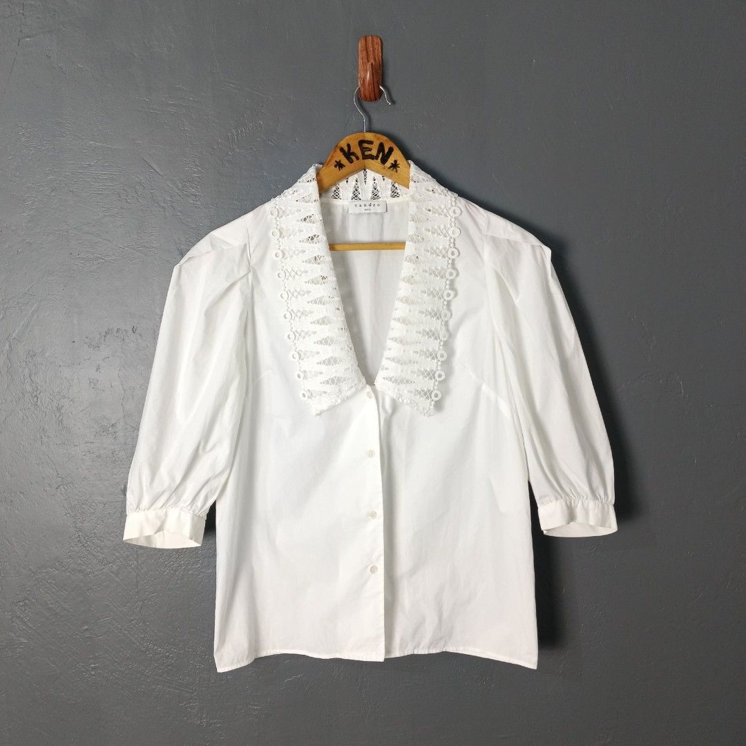 Women's - Sandro Paris (Category: Shirts) located in Bacolod City. Submitted by drop.ph (Listing ID 1462596186, Image 2). Description: Sandro Paris - Lilie Poplin Shirt Authentic *Size XS - 18x23.5 *Excellent cloth *Minor stain on neck (inside part) *Price: 1,500php *Add SF if outside Bacolod City.