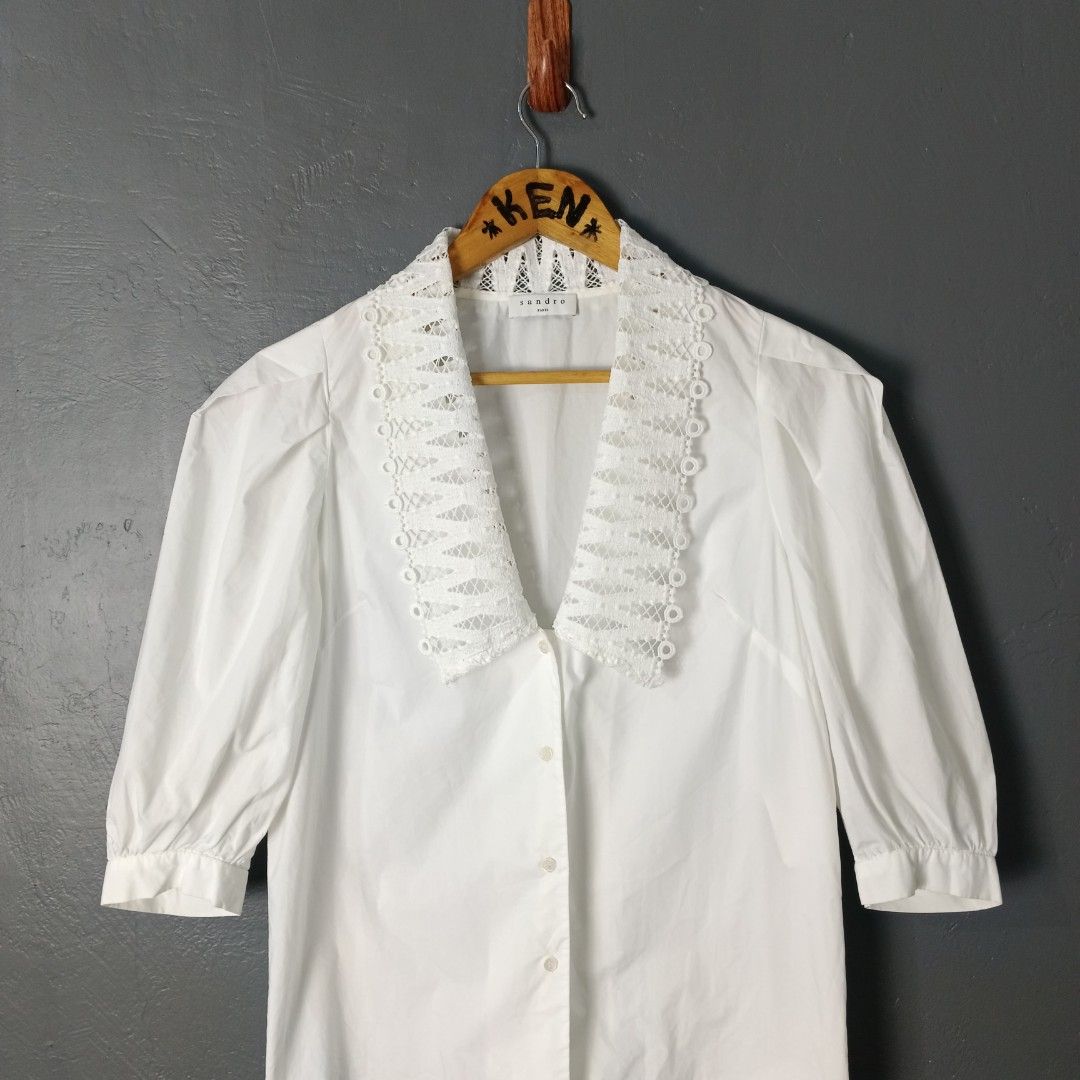 Women's - Sandro Paris (Category: Shirts) located in Bacolod City. Submitted by drop.ph (Listing ID 1462596186, Image 1). Description: Sandro Paris - Lilie Poplin Shirt Authentic *Size XS - 18x23.5 *Excellent cloth *Minor stain on neck (inside part) *Price: 1,500php *Add SF if outside Bacolod City.