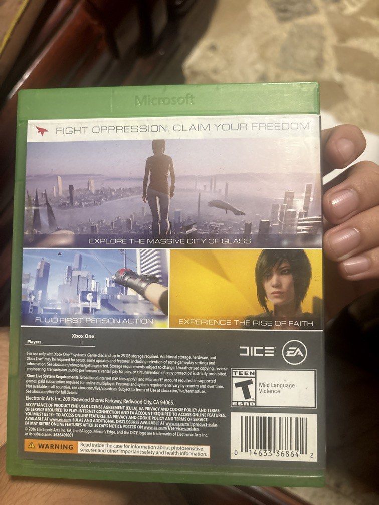 Xbox One Mirror’s Edge Catalyst (Category: Xbox) located in Binan City. Submitted by ceddiimp (Listing ID 1462500947, Image 2). Description: Mirror’s Edge Catalyst for Xbox One Pre-owned, good condition. Physical copy — see photos for actual condition. 💰 ₱350 📦 Shipping available / meetup ❌ No swap PM if interested!.