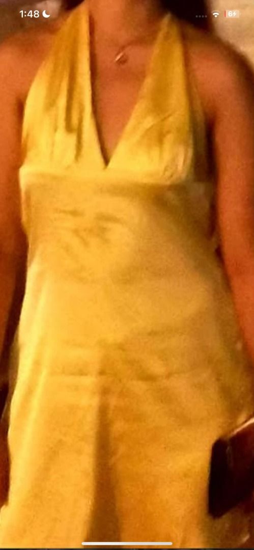 Yellow Silk Halter Dress (Category: Dresses) located in Paranaque City. Submitted by juliaaafona (Listing ID 1462508792, Image 1). Description: - Yellow halter neck dress - Flattering V-neckline - Fabric with a slight sheen - Midi length - Has a small stain .
