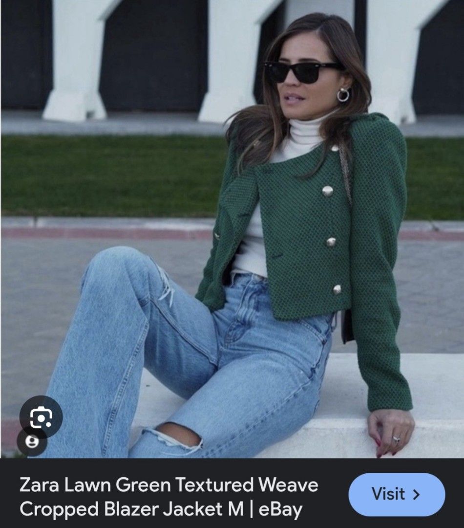 Zara Green Textured Weave Cropped Blazer Jacket (Category: Coats, Jackets and Outerwear) located in Manila. Submitted by PrinceDani.Clothing (Listing ID 1462503103, Image 1). Description: zara green textured cropped blazer Medium 18in width 18in length excellent condition .