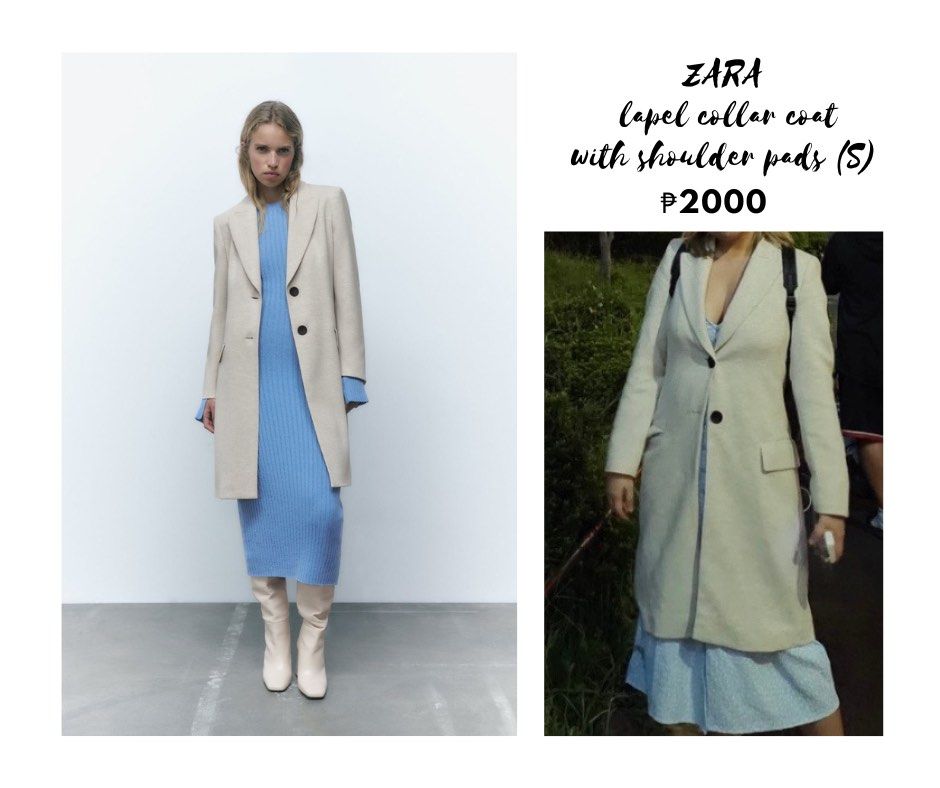 ZARA Lapel Collar Coat with Shoulder Pads (S) (Category: Coats, Jackets and Outerwear) located in Balanga. Submitted by serrahkay (Listing ID 1462546259, Image 1). Description: - Zara beige lapel collar coat - Size: S - Features shoulder pads for a structured look - Button closure - Ideal for layering over dresses or tops - Selling Price: P2000.