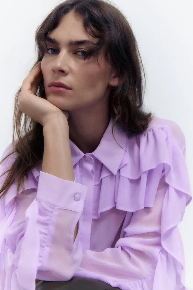 Zara Lilac Ruffle Semi-Sheer Blouse (Category: Blouses) located in Mabalacat. Submitted by calmrabbit.ae2127 (Listing ID 1462533245, Image 2). Description: .