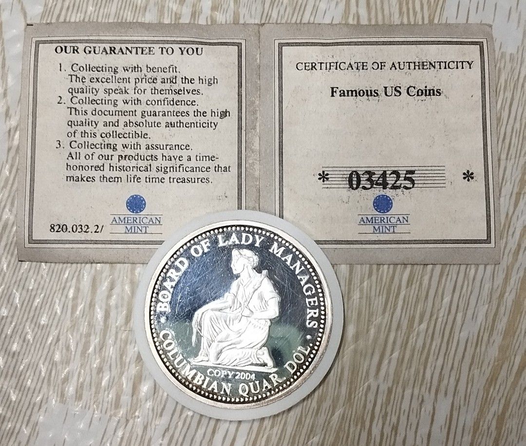 1893 Isabella Quarter Dollar Coin - US Mint (Category: Currency) located in Manila. Submitted by vintage7447 (Listing ID 1462767270, Image 2). Description: - Authentic 1893 Isabella Quarter Dollar collectible coin. - Material: Silver-plated copper. - Weight: 32 grams. - Diameter: 40mm. - Obverse: Portrait of Queen Isabella. - Reverse: Emblem of women's work. - Comes with Certificate of Authenticity. - Serial Number: 03425..