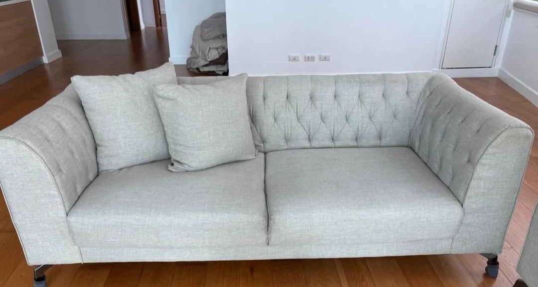 2 and 3 seater (big size, American) (Category: Sofas) located in Las Pinas. Submitted by jenny.nogu (Listing ID 1462853121, Image 2). Description: expat condo pullout beige gray color american size uratex foam 2 seater L 180cm x D 100cm, 10k php 3 seater L 200cm x D 100cm, 15k php SOLD no lubog, no lundo, no stain las pinas area for viewing.
