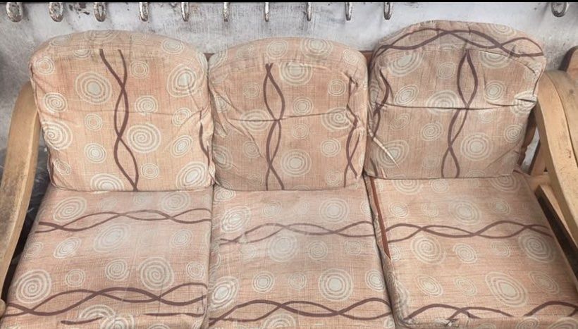 3-Seater Sofa with Wooden Frame (Category: Sofas) located in Marikina City. Submitted by shoppagexxx (Listing ID 1462709259, Image 2). Description: Still in good condition Fabric cover needs cleaning 3 seater plus 2 single seaters.