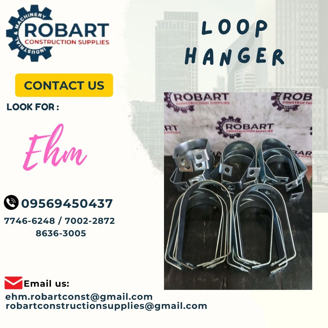 4" LOOP HANGER (Category: Home Improvement Tools & Accessories) located in Manila. Submitted by robartehm (Listing ID 1462727036, Image 1). Description: Note: Price is Non VAT. For FAST TRANSACTION: Ehm Robart - 0956.9450.437 Vbr: Ehm Robart - 0956.945.0437 ehm.robartconst@gmail. com Office Address: 1405 Yuseco St. Sta. Cruz Manila 7746-6248, 7216-7605 ,7002-2872, 8-6363005 093******44 096******05 robartconstructionsupplies@gmail. com.