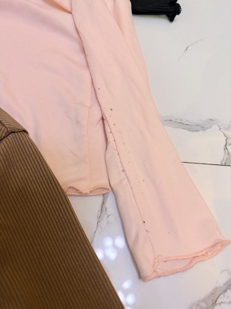 4pcs Mock Neck Ribbed Long Sleeve Tops Set (Category: Babies & Kids Fashion) located in Angeles City. Submitted by momandmini9 (Listing ID 1462789985, Image 2). Description: - Set of 4 mock neck ribbed long sleeve tops - Colors included: Black, Light Pink, Cream, Brown - Made from soft and stretchy material - Features a stylish lettuce hem detail on sleeves and bottom - Versatile for layering or wearing as a standalone piece - Essential addition 