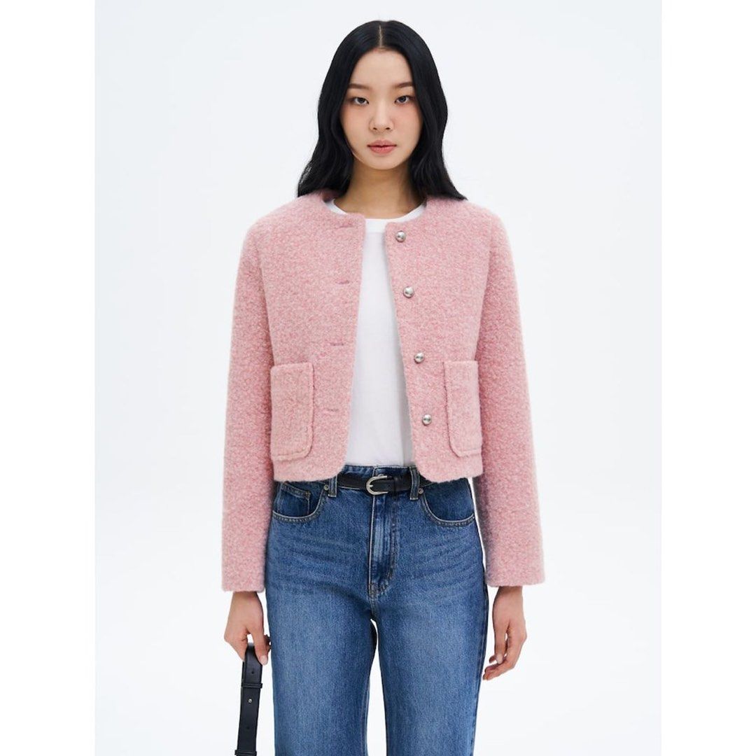 8 Seconds Pink boucle tweed jacket light pink (Category: Coats, Jackets and Outerwear) located in Pasay City. Submitted by raffy13_ (Listing ID 1462757488, Image 1). Description: - Pink boucle cropped jacket from 8 Seconds - Round neckline with silver button closure - Two front pockets - Cozy and chic design - Perfect for layering over tops or dresses - Versatile for casual or dressed-up looks.