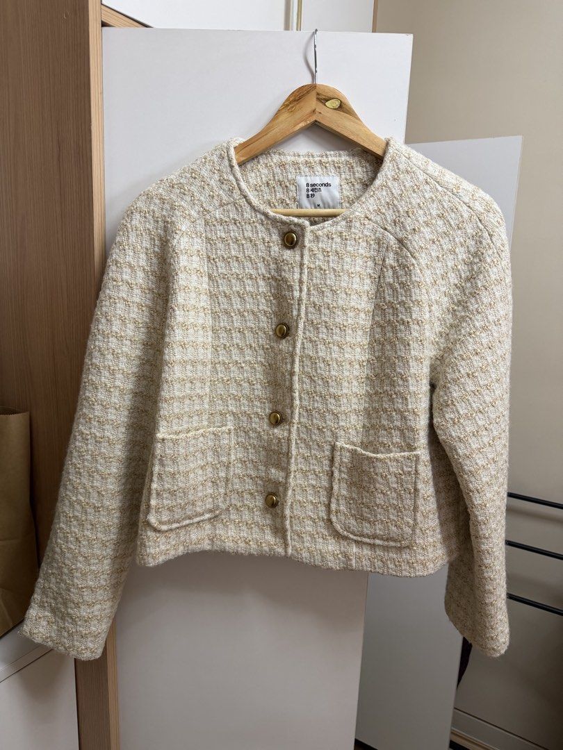 8 Seconds Tweed Jacket - (Category: Coats, Jackets and Outerwear) located in Pasay City. Submitted by raffy13_ (Listing ID 1462755210, Image 1). Description: - Classic cream and gold tweed jacket from 8 Seconds. - Round neckline with button-up front. - Two functional front pockets. - Timeless design, ideal for layering..