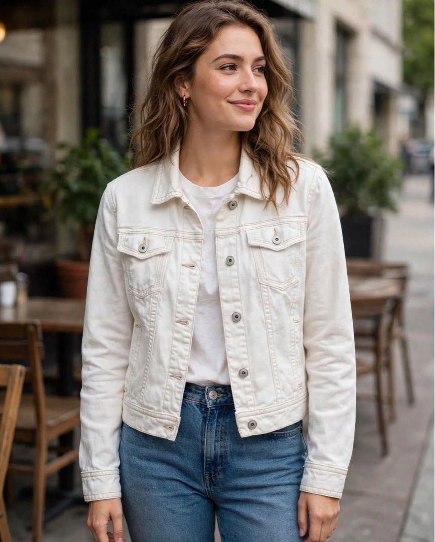 Aeropostale White Denim Jacket (Category: Coats, Jackets and Outerwear) located in San Pedro. Submitted by lifebeginsaftercoff33 (Listing ID 1462794301, Image 1). Description: - Authentic Aeropostale White Denim Jacket - Size: XL on tag - Dimes: 21 x 21 in - Material: 100% Cotton - Style: Classic trucker jacket - Features: Button closure, chest pockets - Perfect for everyday wear, easily styled up or down. - Made in Pakistan.