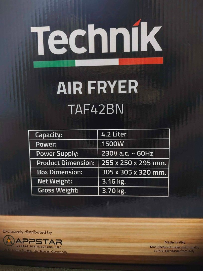 Air Fryer (Technik) (Category: Cookware & Accessories) located in Manila. Submitted by jrelmow (Listing ID 1462724814, Image 2). Description: For sale! 2000 only! 4.2L Technik Air Fryer! Highlights •4.2L Air Fryer •4 In 1 Cooking Function (Fry, Bake, Grill And Roast) •Convection Heat Circulation •Sensormatic Thermostat •Stainless Heating Element •Automatic Cut Off Timer •Non Stick Basket •Cook With Less Or No Oil At All For Healthier Meals •High 