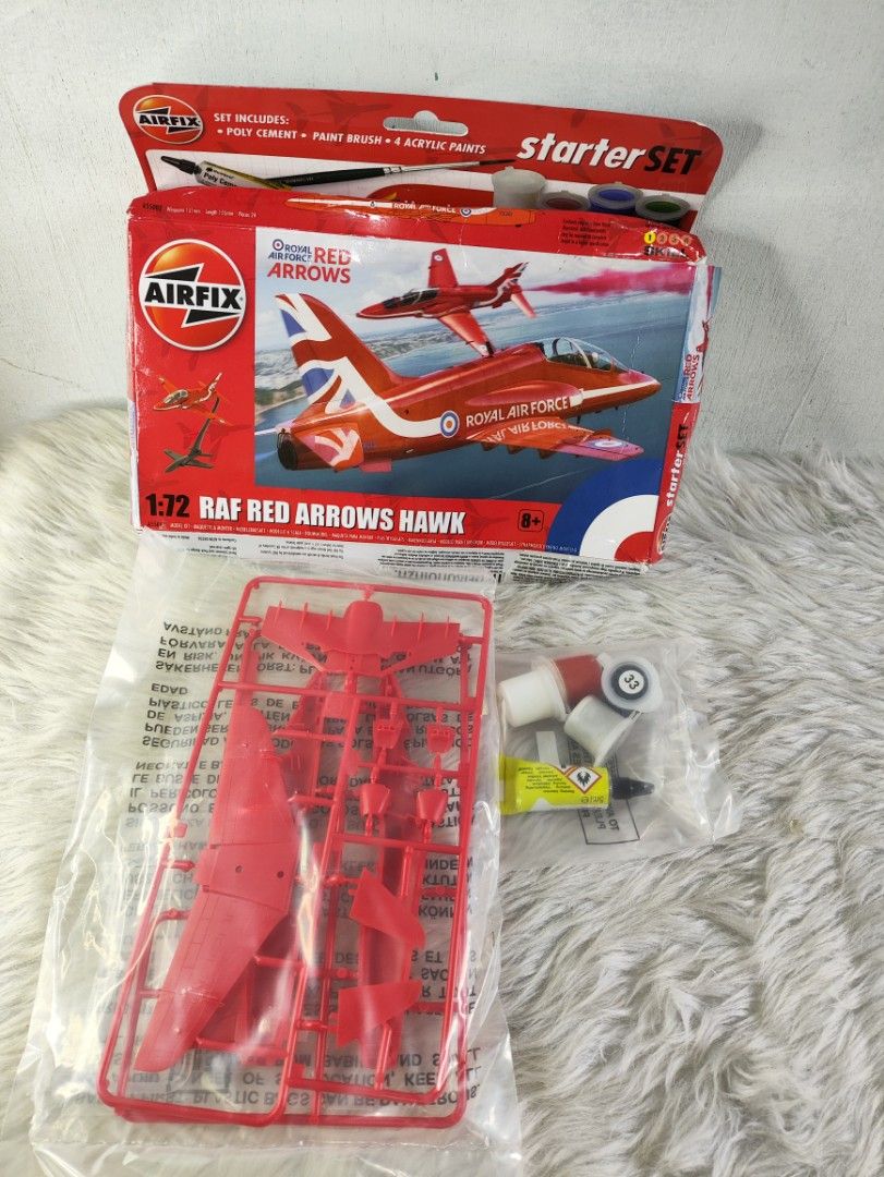 Airfix 1:72 RAF Red Arrows Hawk Starter Set (Category: Stationery & School Supplies) located in Cavite. Submitted by tinetaclesss (Listing ID 1462695335, Image 1). Description: - Airfix 1:72 scale model kit - Features the iconic RAF Red Arrows Hawk - Starter set includes poly cement, paint brush, and 4 acrylic paints - All model parts are still sealed in the original bag - Decals are included - Ideal for hobbyists and beginners.