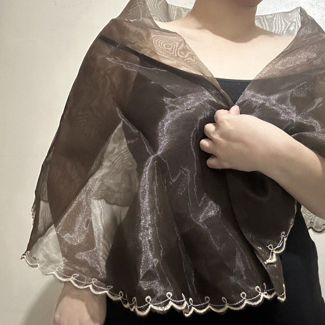 Alampay Brown Shawl (Category: Others Tops) located in Bacoor. Submitted by kyespreloved (Listing ID 1462831843, Image 2). Description: - Sheer brown shawl only, NO PINS/BROOCH AND NO INNERWARE INCLUDED.