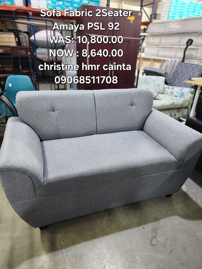 Amaya PSL 92 Fabric 2-Seater Sofa (Category: Sofas) located in Cainta. Submitted by christine07. (Listing ID 1462683377, Image 1). Description: Fabric 2-seater sofa. Amaya PSL 92. Was 10,800.00, now 8,640.00. Contact Christine at 09068511708 for inquiries. Located in Cainta..