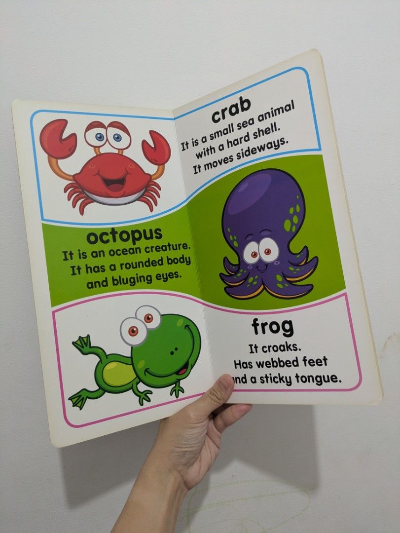 Animals ABC Board Book for toddlers (Category: Children's Books) located in Quezon City. Submitted by lascosas.ph (Listing ID 1462705542, Image 2). Description: - Fun and educational book for kids - Features animals like leopards, frogs, crabs, and octopuses - Colorful illustrations on every page - Simple and easy-to-understand facts - Ideal for young learners who love animals - Easy to read and comprehend.