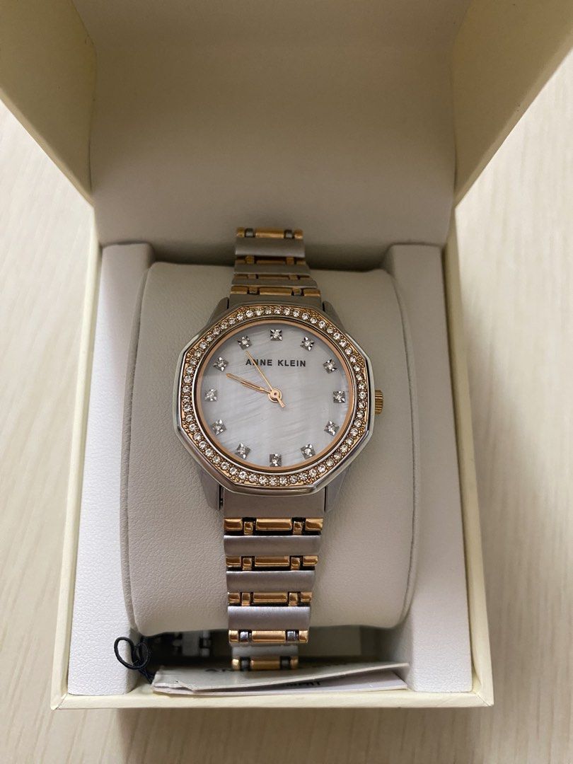 Anne Klein Crystal Octagonal Case Watch (Category: Women's Watches) located in Manila. Submitted by preownedbyprincess (Listing ID 1462690794, Image 1). Description: - Anne Klein Watch - Mother-of-Pearl Dial - Rose Gold & Silver Tone Bracelet - Octagonal Case with Crystal Accents - Includes Original Box - Versatile for dressing up or everyday wear Seller's note: - With active warranty.