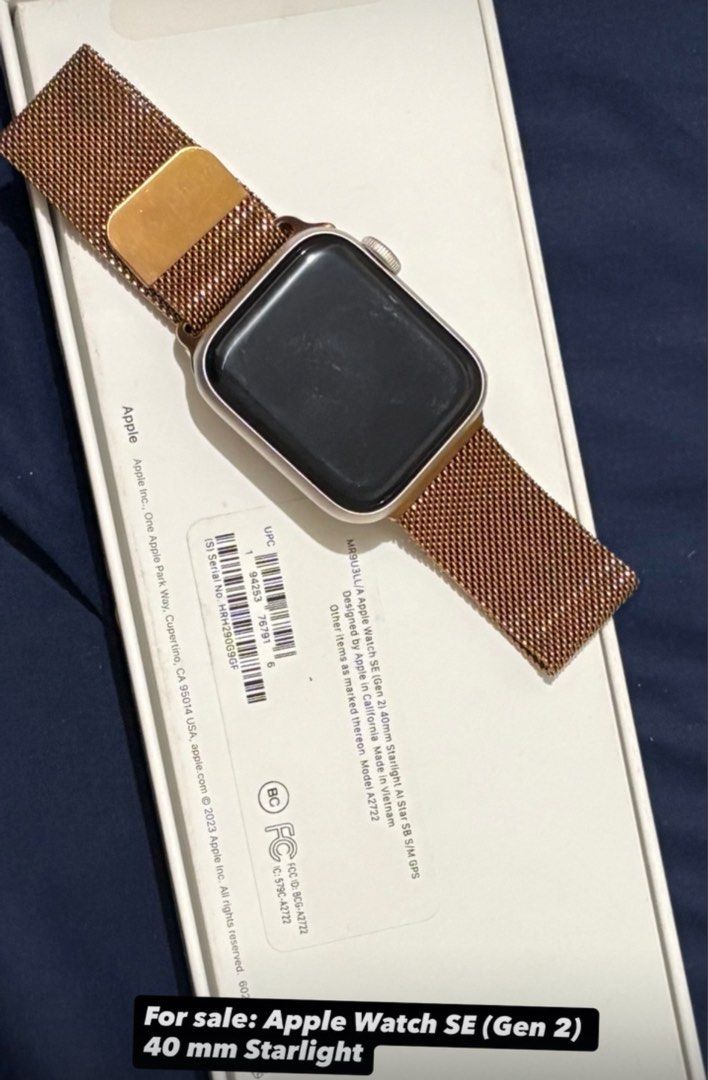 Apple Watch SE (Gen 2) 40mm Starlight (Category: Wearables & Smart Watches) located in Caloocan City. Submitted by stitch143 (Listing ID 1462827960, Image 1). Description: - Apple Watch SE - Size: 40mm - Color: Starlight - Connectivity: GPS model - Band: Rose Gold Milanese Loop - Condition: Works great, selling due to upgrade. w/ cable and adapter.