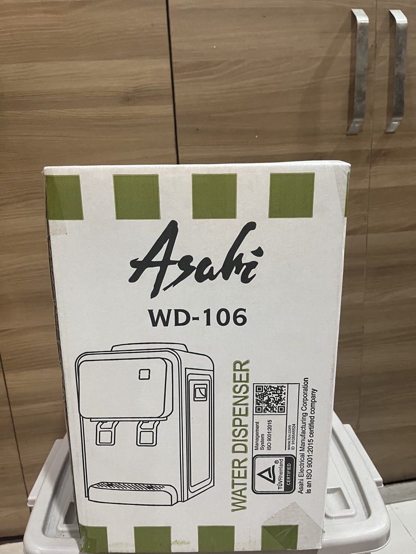 Asahi WD-106 Water Dispenser (Category: Water Purifiers & Dispensers) located in Manila. Submitted by jericho_chan (Listing ID 1462724627, Image 1). Description: - Asahi WD-106 Tabletop Water Dispenser - Rated Voltage: 230V-60Hz - Power Consumption: 550W - Cooling Capacity: 2.5L/h - Comes in original box - Ideal for home or office use.