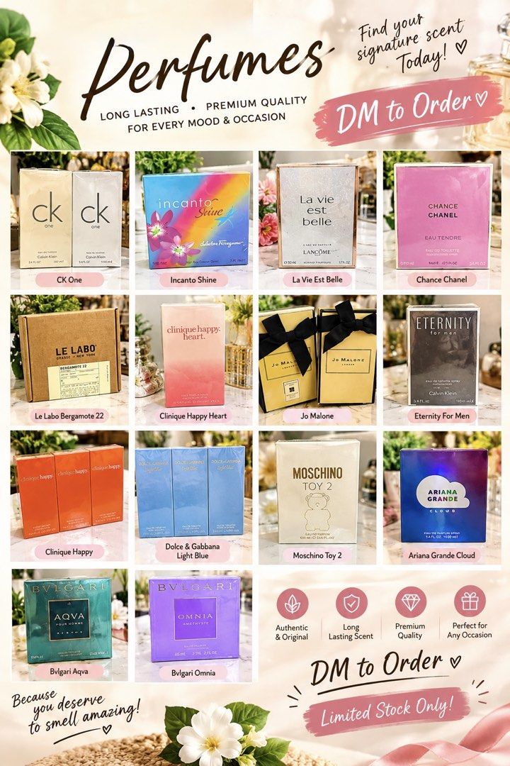 Assorted Designer Perfumes - DM to Order (Category: Fragrance & Deodorants) located in Muntinlupa City. Submitted by trendeemoodshop2022 (Listing ID 1462772984, Image 1). Description: ✨ SMELL GOOD. FEEL GOOD. BE REMEMBERED. ✨ Why settle for ordinary when you can smell fresh, elegant, and unforgettable? 💕🌸 💎 TESTER PERFUMES AVAILABLE! Perfect for everyday wear, date nights, work, or whenever you simply want to smell your best. 😍 Because a good