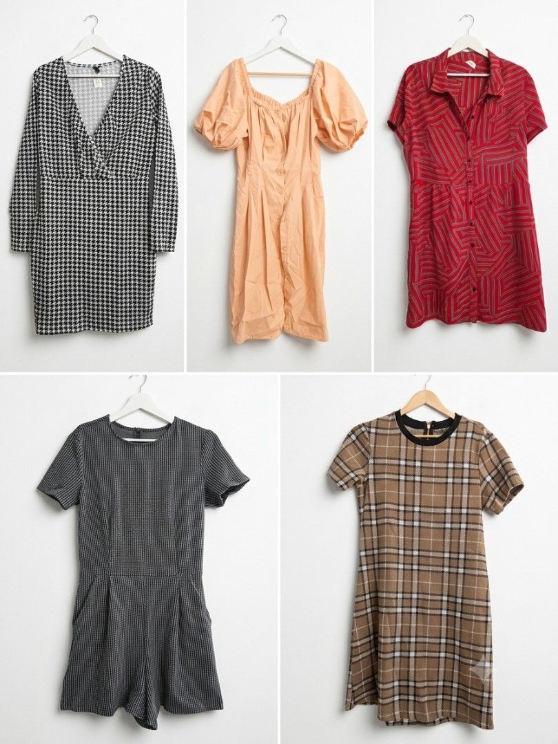 Assorted Women's Dresses and Romper (Category: Dresses) located in Manila. Submitted by annamolly1986 (Listing ID 1462703618, Image 1). Description: - Bundle of 5 women's clothing items - Includes: black & white houndstooth dress, peach off-shoulder dress, red striped shirt dress, grey patterned romper, brown plaid shift dress - Great variety for different occasions.