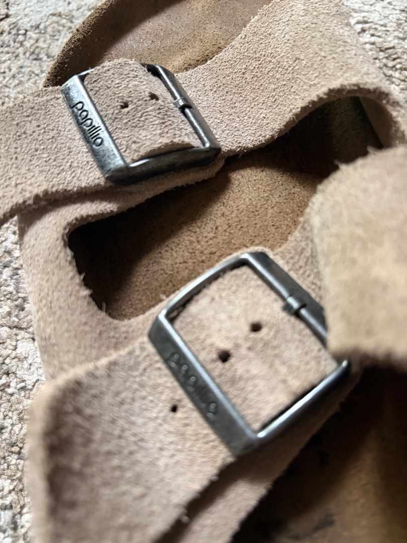 Auth Preloved Papillio by Birks Chunky Flatform (Category: Slippers and slides) located in Paranaque City. Submitted by silentstone.dolphin (Listing ID 1462779028, Image 3). Description: Suede Leather .. Taupe Color.. Visible Print.. Brass Buckle.. Size 39N.. Super Classy&Pretty in Actual😍.