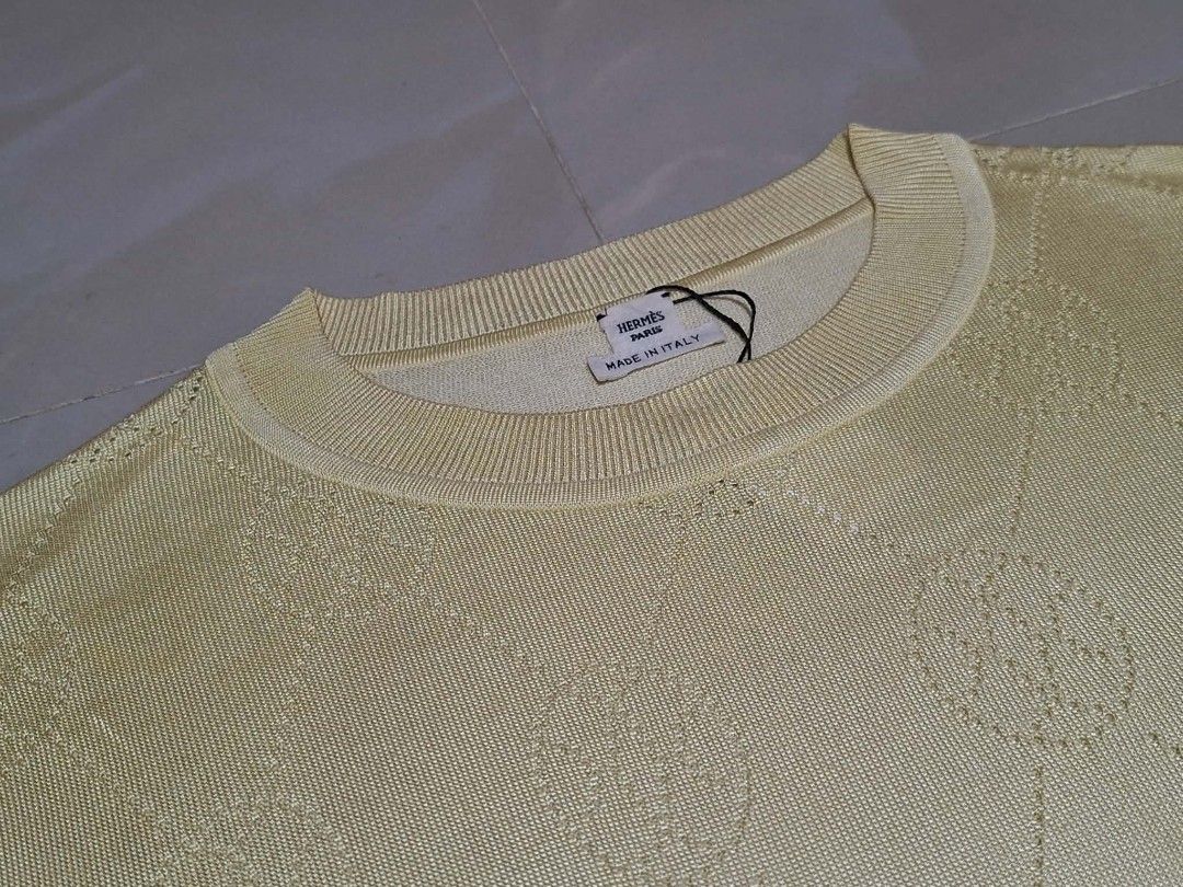 Authentic Hermes Paris Yellow Knit T-shirt (Category: Shirts) located in Cebu City. Submitted by abyoscloset.cebph (Listing ID 1462858258, Image 2). Description: Authentic Hermes Paris Knit Yellow T-shirt Subtle all over pattern Classic crew neck Made in Italy Size - 36 Width - 17 Length - 24 Shoulder - 17 Hem - 13.5 Excellent condition No issues 13,500 + SF 💌 Thanks 😉.