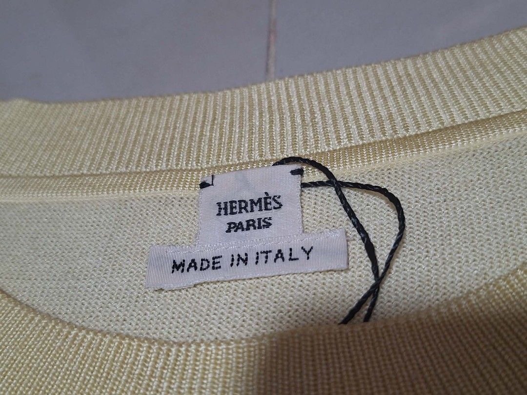 Authentic Hermes Paris Yellow Knit T-shirt (Category: Shirts) located in Cebu City. Submitted by abyoscloset.cebph (Listing ID 1462858258, Image 3). Description: Authentic Hermes Paris Knit Yellow T-shirt Subtle all over pattern Classic crew neck Made in Italy Size - 36 Width - 17 Length - 24 Shoulder - 17 Hem - 13.5 Excellent condition No issues 13,500 + SF 💌 Thanks 😉.