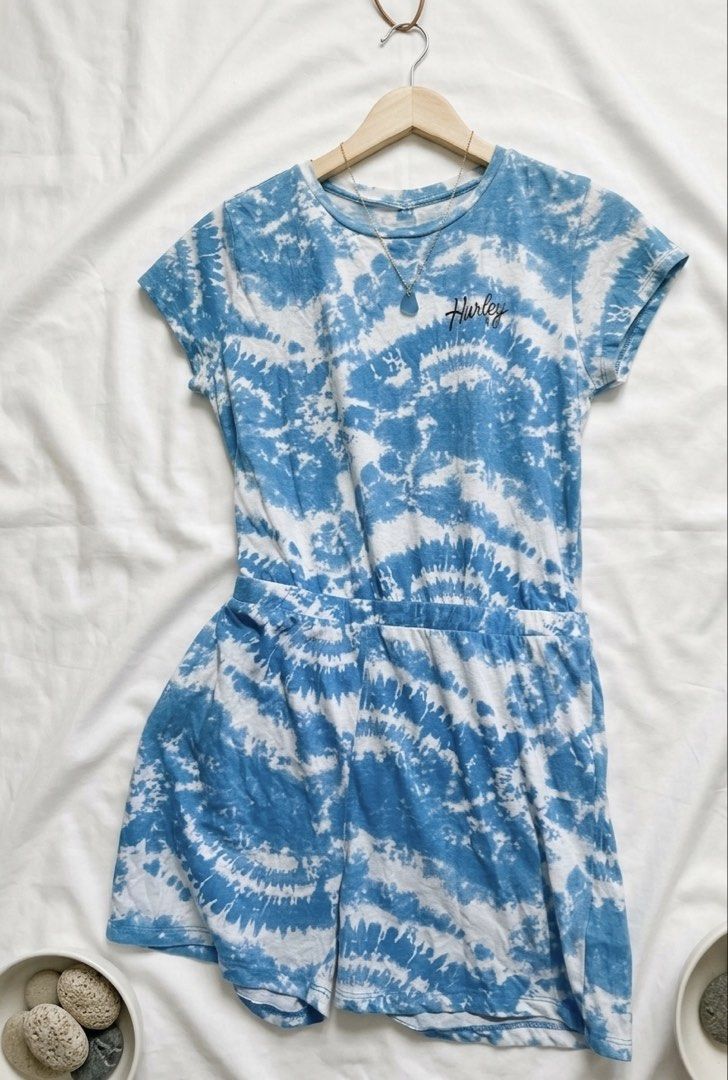 Authentic Hurley Blue Tie-Dye Romper Jumpshorts (Category: Rompers) located in Manila. Submitted by goldenprngs101 (Listing ID 1462699142, Image 1). Description: XL on tag for kids SMALL to Medium for adult women Authentic Hurley, excellent condition - Hurley tie-dye romper in cool blue and white. - Comfortable elasticated waist. - Short sleeves and short legs. - Easy keyhole back closure. - Ideal for casual summer days and lounging. -Personal Pr