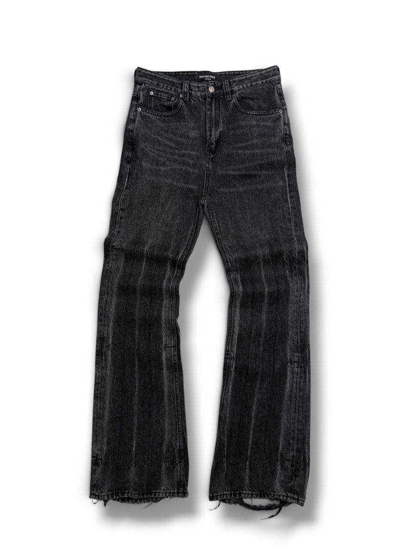 Balenciaga Lost Tape Pants (Category: Jeans) located in Cabuyao City. Submitted by 0ld_souls (Listing ID 1462865416, Image 2). Description: - Brand: Balenciaga - Color: Grey washed denim - Fit: Wide leg - Details: Distressed hem, unique vertical seam detailing - Closure: Button and zip front - Pockets: Classic five-pocket styling - Estimated Size: 32 - Style: Statement piece.