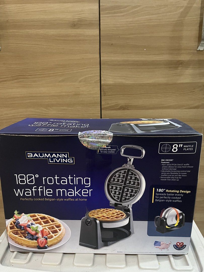 Baumann Living 180° Rotating Waffle Maker (Category: Other Kitchen Appliances) located in Manila. Submitted by jericho_chan (Listing ID 1462725496, Image 1). Description: - Make perfect Belgian-style waffles at home - 180° rotating waffle maker for even cooking - 8" waffle plates with easy food release - Adjustable browning control for your preferred crispiness - Removable drip tray for hassle-free cleanup - Ideal for delicious breakfasts or swee