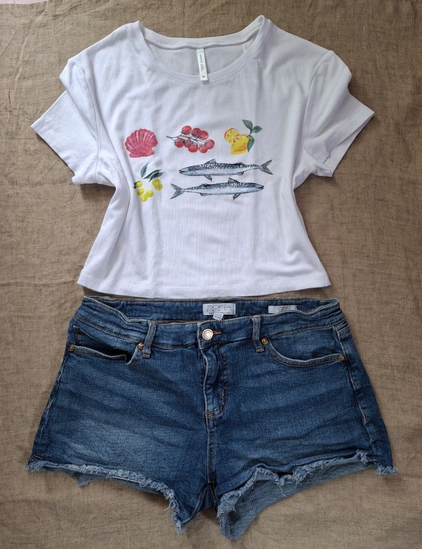 Beefree crop tee (medium) and Sofia by Sofia Vergara Blue Jean Shorts Distressed style - 33" (Category: Shirts) located in Tanjay. Submitted by ukay_thriftybylj (Listing ID 1462732445, Image 1). Description: no nego.