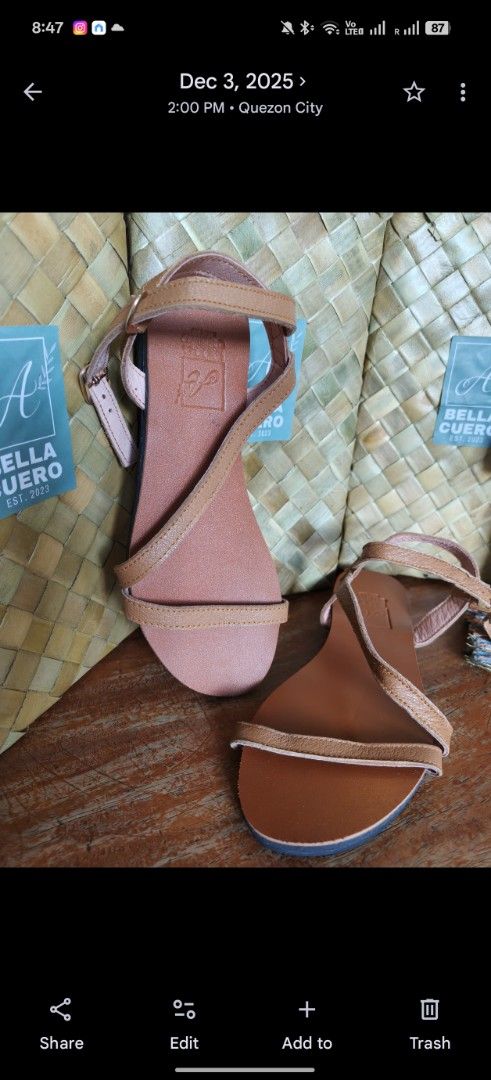 Bella Cuero Leather Strappy Flat Sandals (Category: Flats & Sandals) located in Quezon City. Submitted by trace.abella (Listing ID 1462829476, Image 1). Description: - Handmade leather sandals by Bella Cuero - Simple strappy design with an ankle buckle - Comfortable flat sole, perfect for casual wear - Proudly made in the Philippines - Established in 2023 36-39.