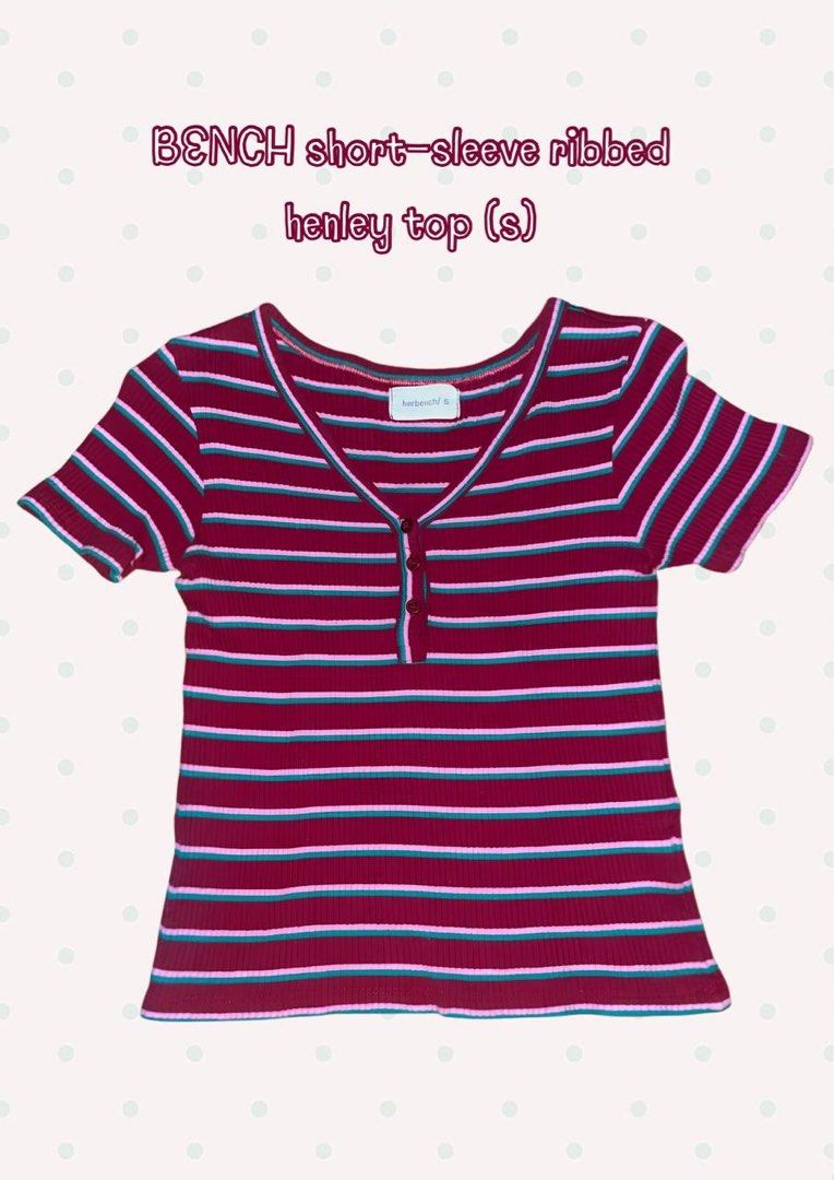 BENCH short-sleeve ribbed henley top (s) (Category: Shirts) located in Cavite. Submitted by heyitsmissy (Listing ID 1462854424, Image 1). Description: - BENCH Maroon ribbed henley top - Size: Small - Color: Maroon with horizontal pink and teal stripes - Features: Short sleeves, button-up neckline - Style: Casual wear.