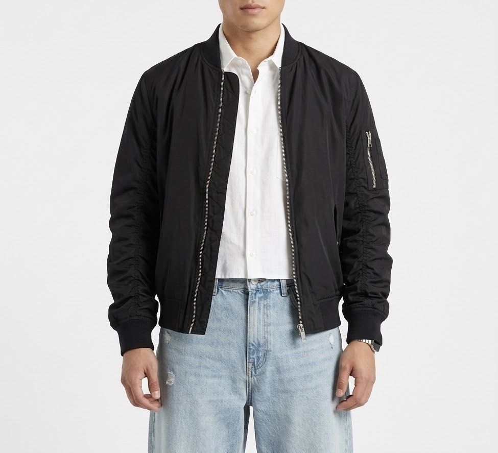 Bershka Black Bomber Jacket (Category: Coats, Jackets and Outerwear) located in Caloocan City. Submitted by declutteringph. (Listing ID 1462805516, Image 1). Description: Size M on the tag! Dimensions: (inches) Shoulder width: 17” Bust width: 22” Body Length: 26” Sleeves Length: 25”.