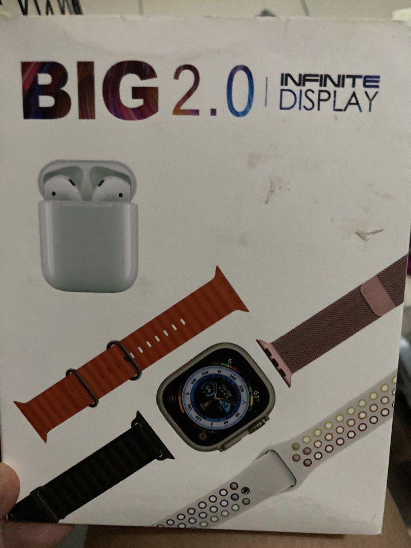 BIG 2.0 Infinite Display Smartwatch & Earbuds Set (Category: Wearables & Smart Watches) located in Antipolo. Submitted by ibskikayshop (Listing ID 1462839203, Image 1). Description: - BIG 2.0 Infinite Display Smartwatch & Earbuds Set - Includes: Smartwatch, charging cable, user manual - White band only - Earbuds - Ideal for everyday use.