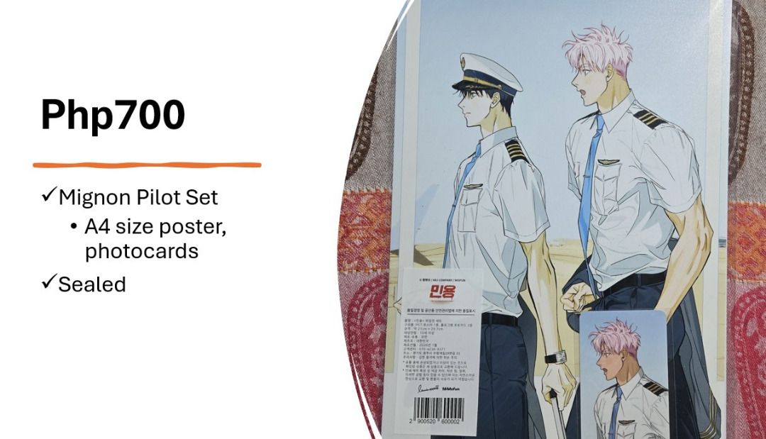 [BL Merch] Mofun x Mignon - Pilot Set (Category: Character Goods) located in Quezon City. Submitted by animeblmerchs (Listing ID 1462858124, Image 2). Description: Mofun x Mignon - Pilot Set - Sealed - A4 poster plus photocards - Authentic from Mofun (KR) - Php700 + SF - Onhand, ready to be shipped MOP: Gcash/Maya/BPI/Metrobank/Unionbank.