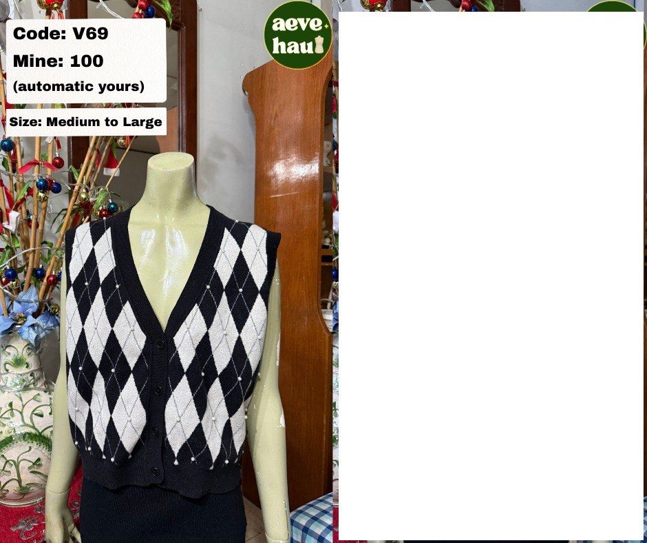 Black and White Argyle Knit Vest (Category: Others Tops) located in Manila. Submitted by thriftcycle.mnl (Listing ID 1462720979, Image 1). Description: - Adorable argyle knit vest - Classic black with white diamond pattern - Elegant pearl-like details on hem and buttons - Flattering V-neckline - Ideal for layering over tops - Fits Medium to Large sizes.
