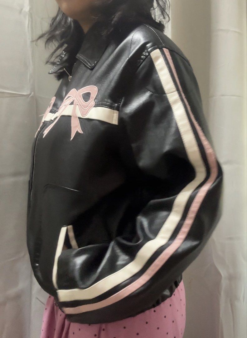 Black Faux Leather Jacket with Pink Bows (Category: Coats, Jackets and Outerwear) located in Iligan City. Submitted by boldrabbit.778b7e (Listing ID 1462767449, Image 3). Description: ‼️ DM FOR DETAILS ‼️.