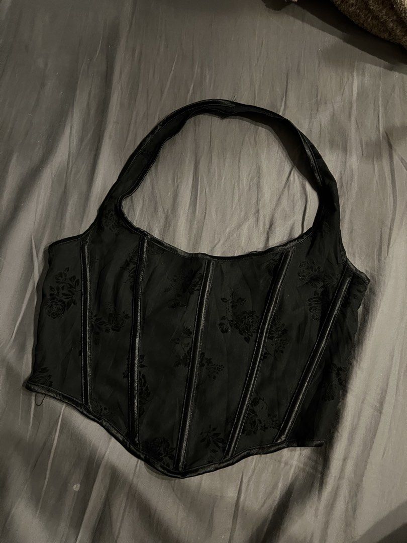 Black Floral Mesh Corset Halter Top (Category: Sleeveless) located in Paranaque City. Submitted by dubaichocolei (Listing ID 1462738052, Image 1). Description: - Black mesh corset top - Floral pattern - Boning details - Lace-up back - Halter neck style - Versatile: pairs well with jeans or skirts - Size: S.