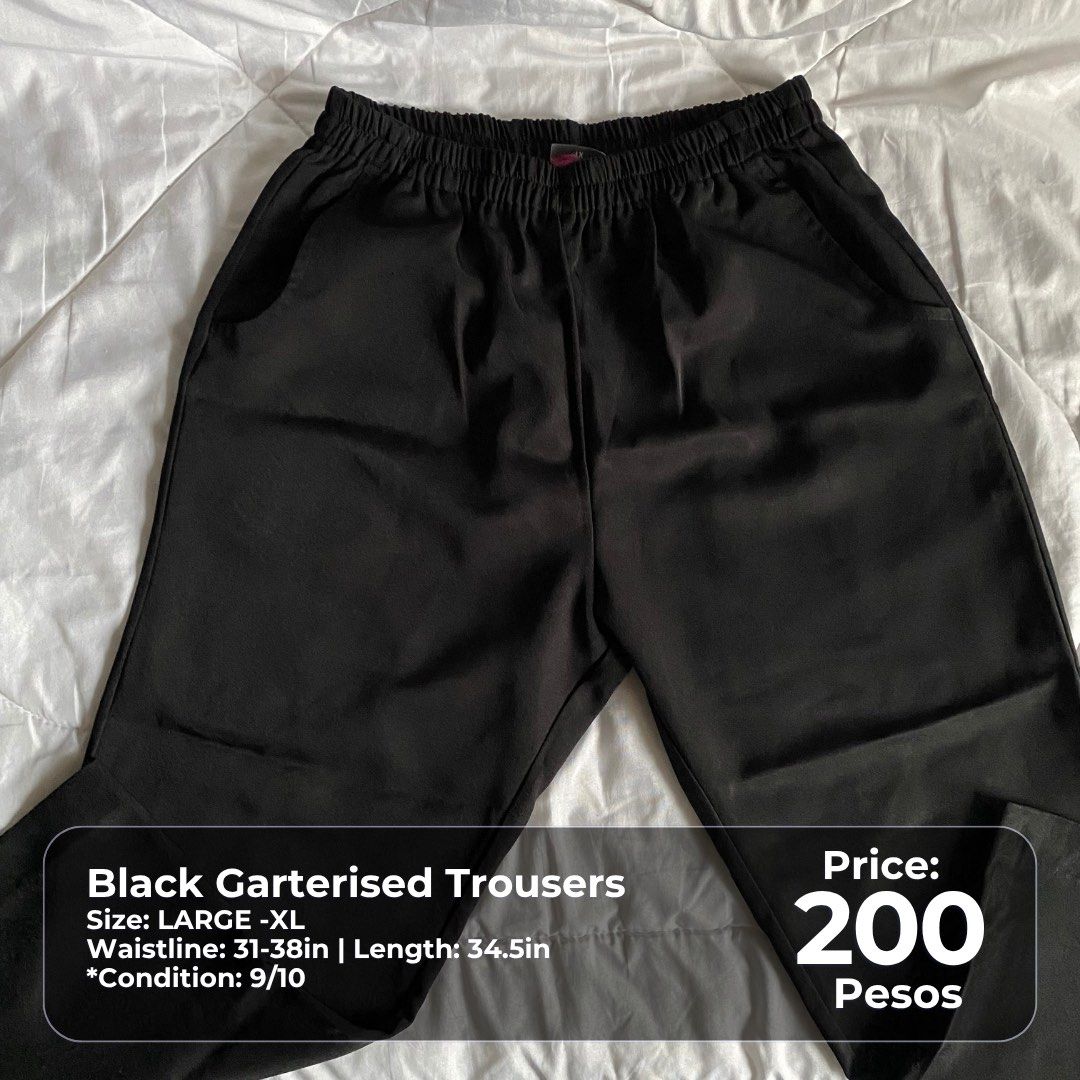 Black Garterised Trousers - Large - XL (Category: Other Bottoms) located in Pasig City. Submitted by thatgirlsamlara (Listing ID 1462719003, Image 1). Description: Actual photo posted. ‼️ Check photo for specific size, dimensions and price details. condition and issues if there are, are also declared. ‼️LAST PRICE POSTED 👉🏼 My items are in excellent condition unless otherwise stated na may damage or it’s well used na. ‼️Kung ano lang yung poste