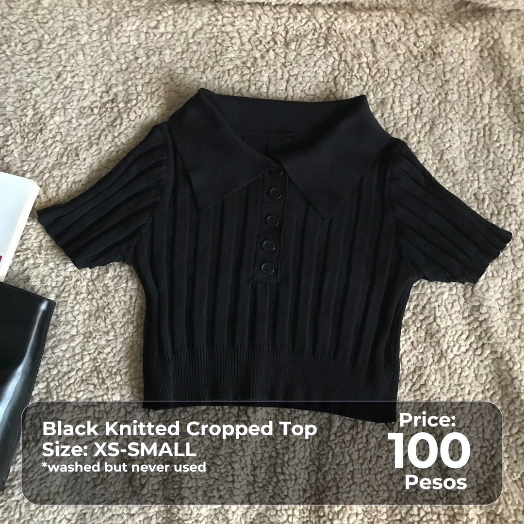 Black Knitted Collared Cropped Top XS-SMALL (Category: Blouses) located in Pasig City. Submitted by thatgirlsamlara (Listing ID 1462717880, Image 1). Description: 🙋‍♀️Model Reference: I’m 5’2 and Small by body frame (25.5in Waistline). Actual photo posted. ‼️ Check photo for specific size, dimensions and price details. condition and issues if there are, are also declared. ‼️LAST PRICE POSTED 👉🏼 My items are in excellent condition unless otherw