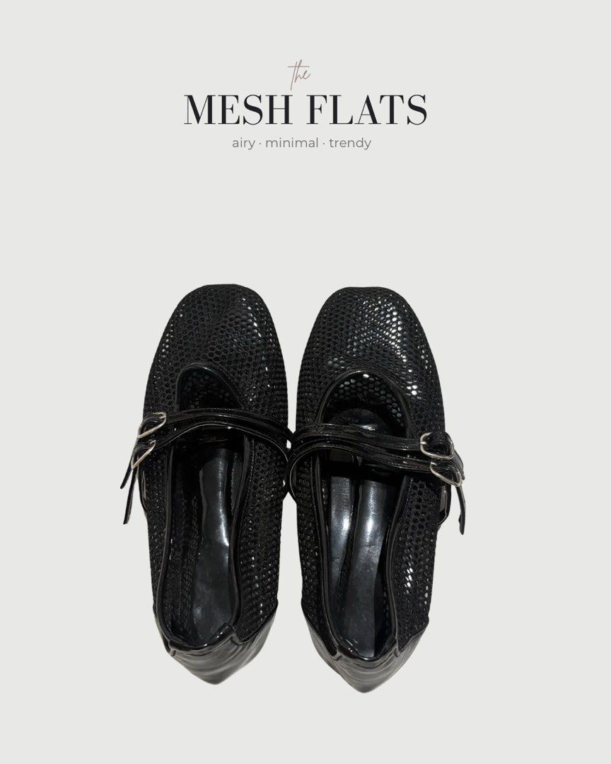 Black Mesh Flats with Strap | Size 35 (Category: Flats & Sandals) located in Bulacan. Submitted by _bythepetitecollective (Listing ID 1462699600, Image 1). Description: Sleek black mesh sandals with a lightweight, breathable design. Easy to style with dresses, skirts, jeans, or everyday casual looks..