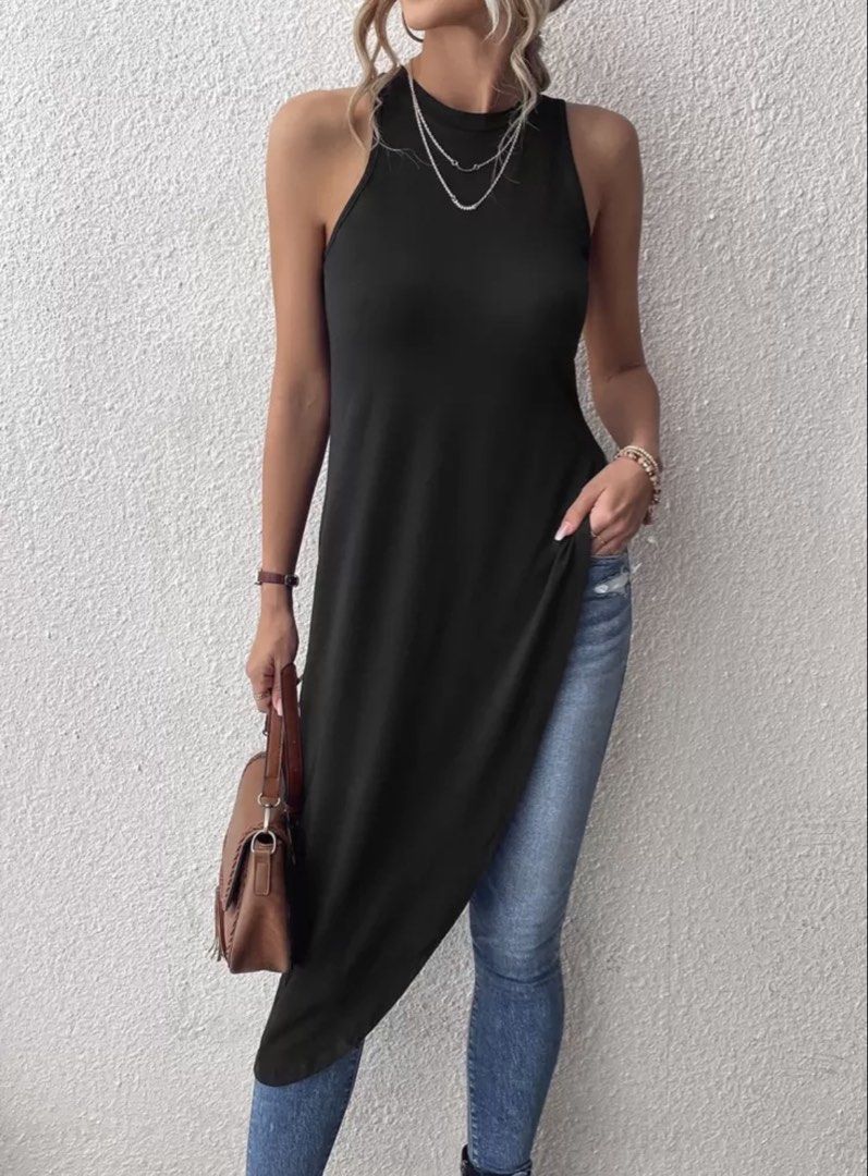 Black Sleeveless Mock Neck Asymmetrical Hem Top (Category: Sleeveless) located in Iloilo. Submitted by dabyladaby2 (Listing ID 1462704440, Image 1). Description: - Black sleeveless top - Mock neck design - Unique asymmetrical hemline (drapes longer on one side) - Versatile: pairs well with jeans or leggings - Comfortable and stylish for everyday wear - Easy to dress up or down -shoulder 9.4 in, bust 33.9 in, length 47.2in - cotton stretchable .